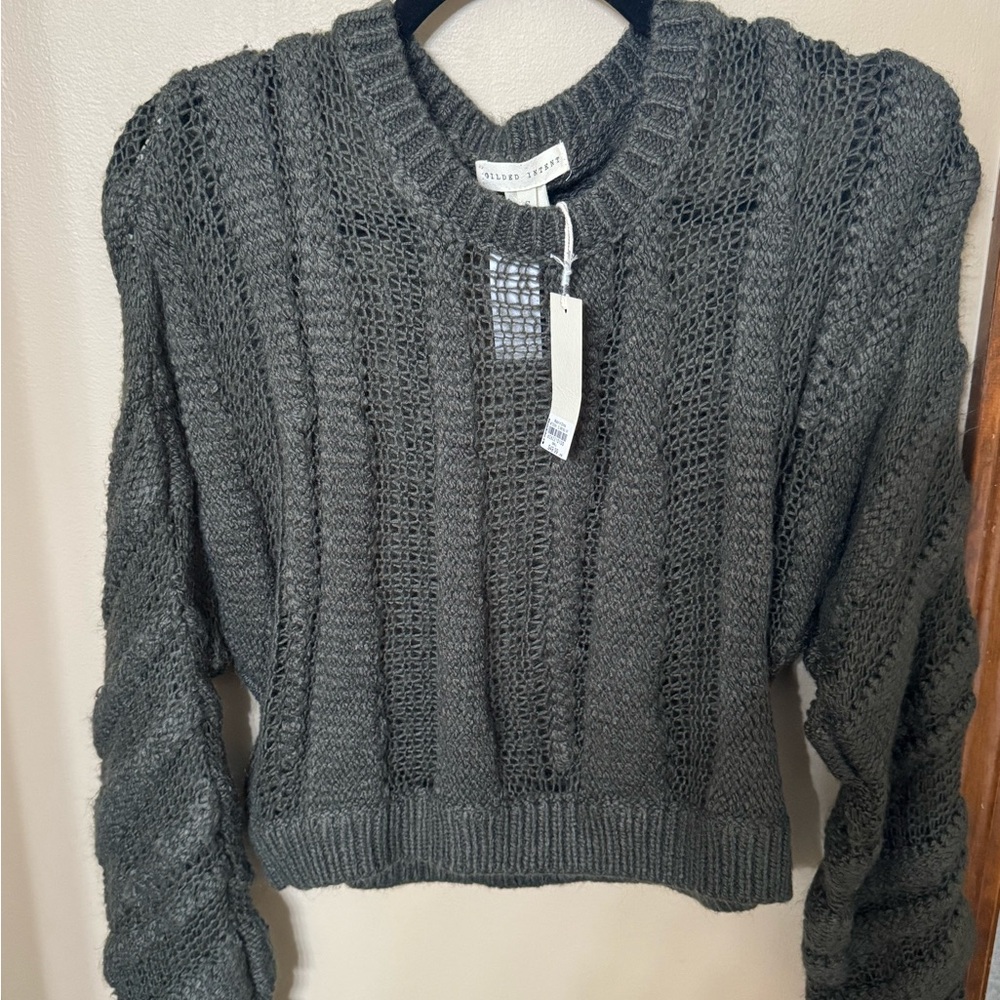 The Buckle- Gilded Intent Charcoal/Green Crew Neck Cropped Sweater